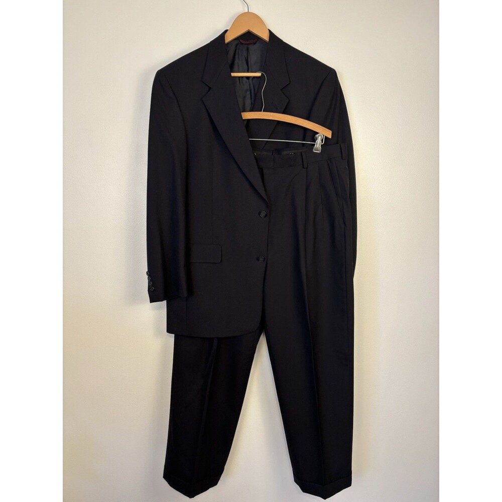 Hart Schaffner Marx 2 Piece Suit Mens 41L Wool Navy Blue HSM 100's Pleated Pants